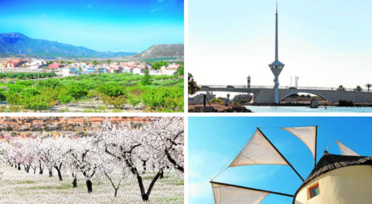 La vista panorámica de la pedanía de Yéchar, puente del Estacio, en La Manga del Mar Menor, Almendros en flor en Tallante (Cartagena) y molino de El Pasico en Torre Pacheco. 