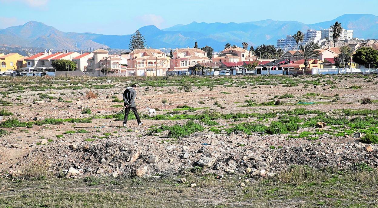 Un vecino pasea a su perro en unos terrenos frente a la playa de Nares (Mazarrón), en los que se quiere desarrollar el plan Bahía 3 y 5. 