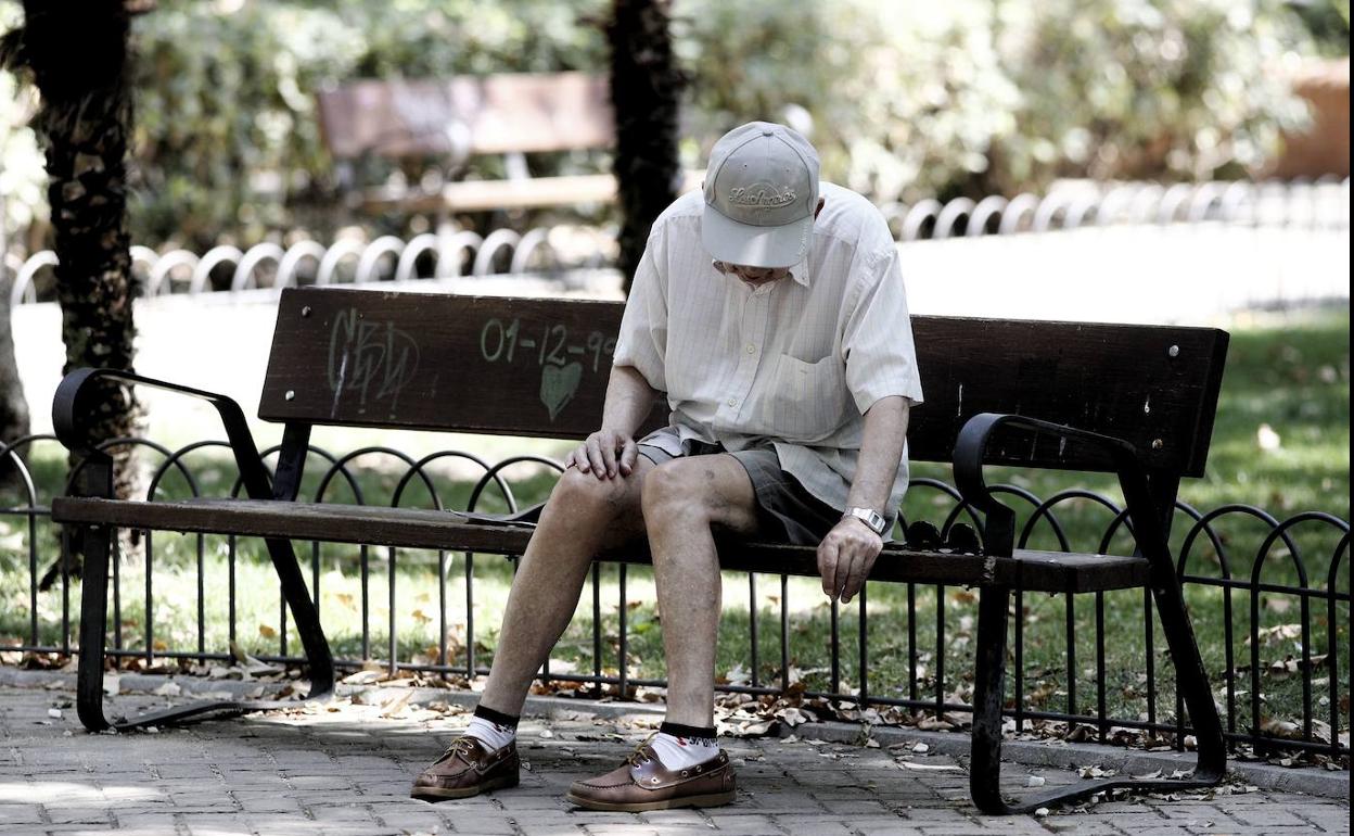 Un pensionista descansa en un banco.