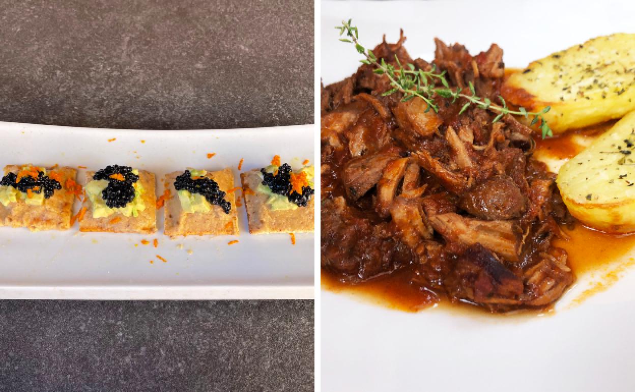 Tosta de humus de berenjena asada y Magra a la boloñesa. 