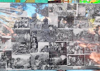 Imagen secundaria 1 - Arriba, la iglesia donde fueron enterrados Rutilio Grande, Manuel Solorzano y Nelson Rutilio Lemus. Junto a la tumba, tres supervivientes que sufrieron torturas. A la izquierda, estampa conmemorativa de la beatificación; y, a la derecha, lugar donde fueron asesinados niños y niñas en El Mozote, incluidos bebés.