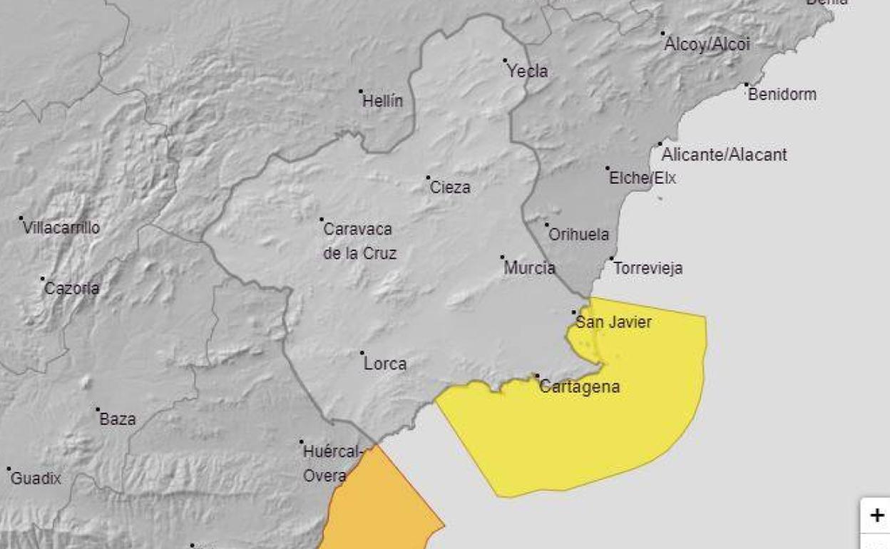 Mapa del aviso amarillo por fenómenos costeros.