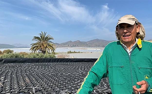 Antonio García Guillén, ante la balsa de su finca donde se ensayan sombreadores. 