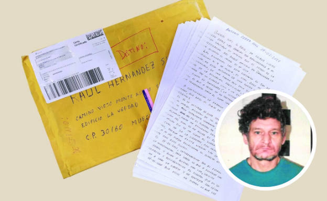 Carta del presunto parricida enviada a la redacción del periódico LA VERDAD. En detalle, Antonio Pérez, el acusado, en una imagen tras su detención en Caudete (Albacete).
