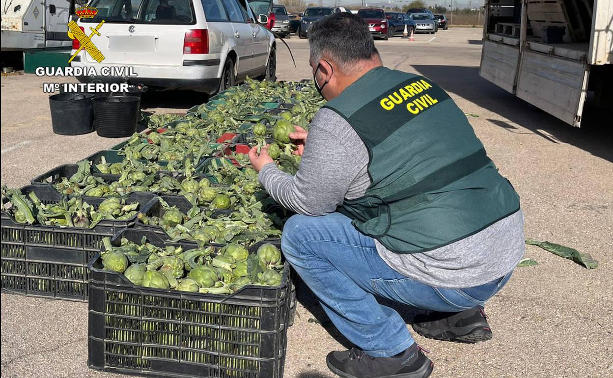 Un agente de la Guardia Civil junto a los productos del campo sustraídos por la banda.