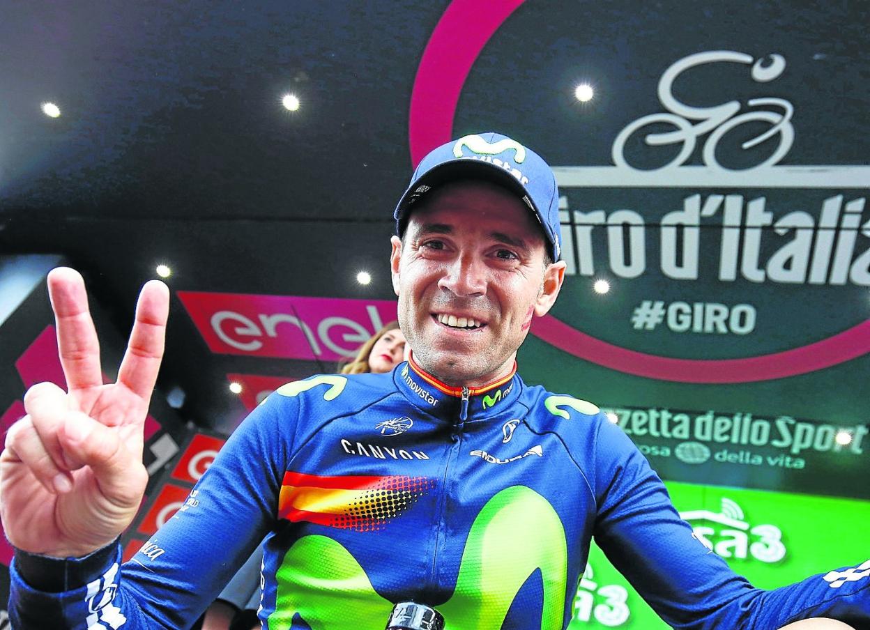 Valverde celebra su victoria de etapa en Andalo, el 24 de mayo de 2016. 