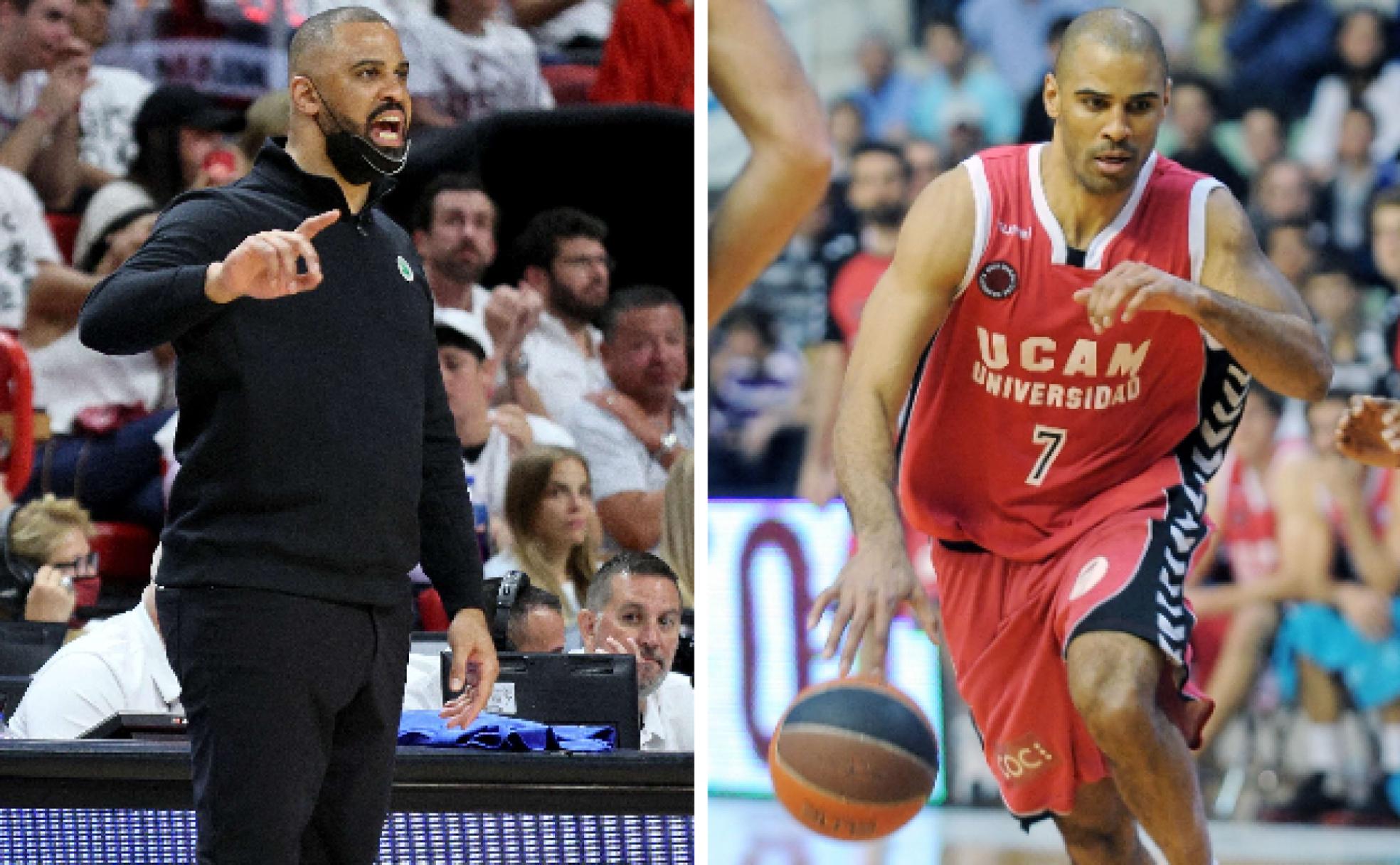 A la izquierda, Ime Udoka dirige un partido de los Celtics, el pasado 26 de mayo; a la derecha, en un partido con el UCAM, en 2012. 