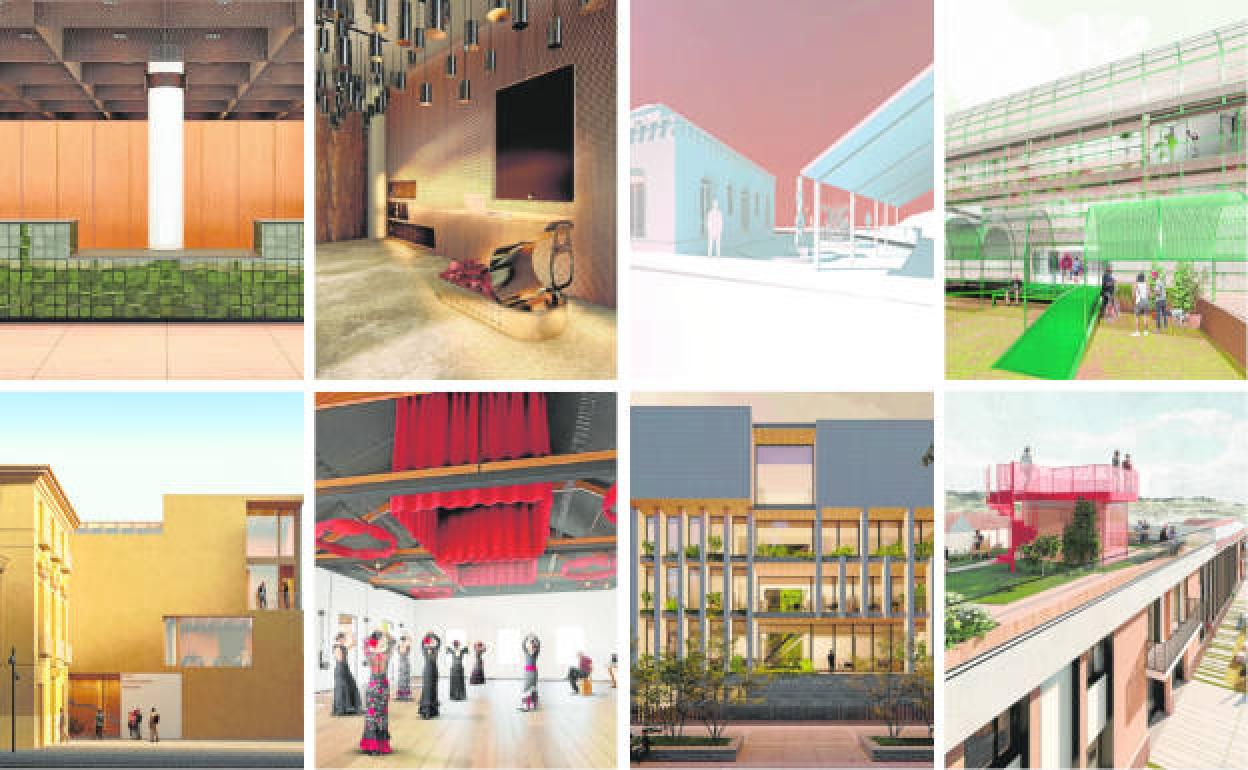 Arriba, de izquierda a derecha: Centro cultural Alcalde José María Campoy (Lorca), fábrica Esteva (Alcantarilla), chalé Precioso (Alcantarilla) y antigua centro de salud de Torre Pacheco. Abajo, de izquierda a derecha: Casa Consistorial de Abarán, antiguas Escuelas Graduadas (La Unión), edificio de Cazadores (Yecla) y Escuelas Viejas (Campos del Río).