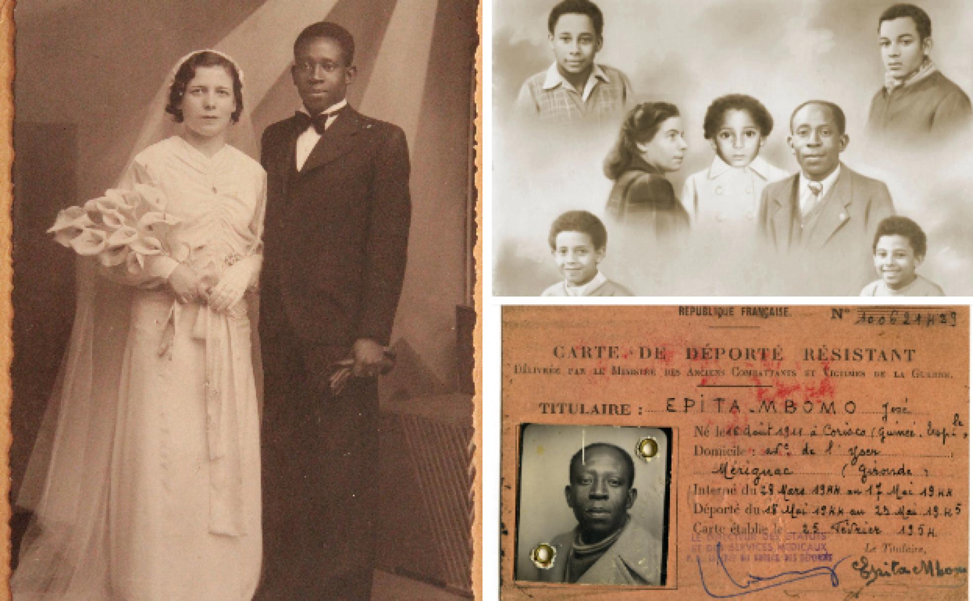 Enlace matrimonial. Retrato de boda de José Epita Mbomo y Cristina Sáez (Cartagena, enero de 1936). | Familia. José Epita, Cristina Sáez y sus hijos José, Francisco, Andrés, Rafael y Esperanza (década de 1950). | Documentación. Carné de deportado resistente de José Epita Mbomo (1954).