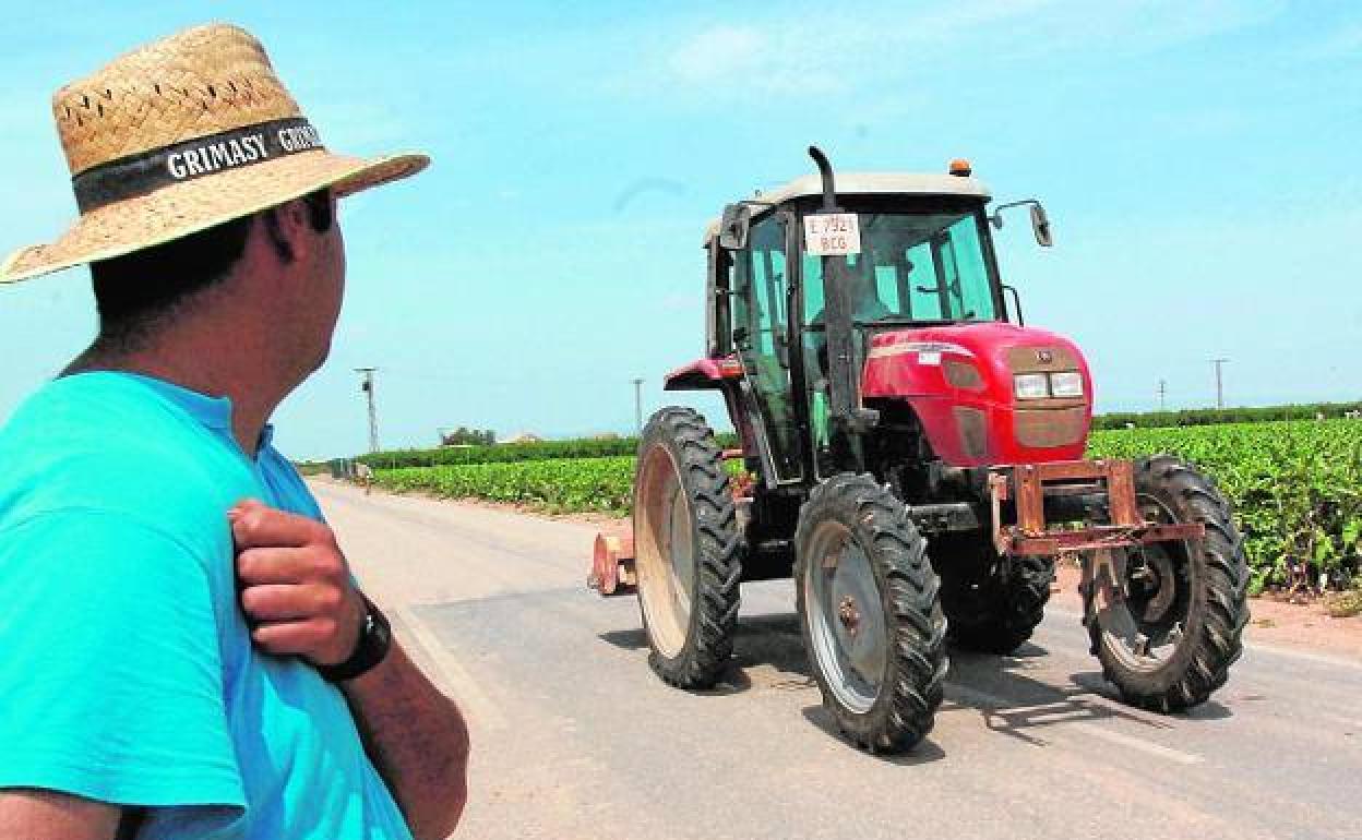 Un agricultor ve pasar a un tractor por un camino asfaltado del trasvase, en una foto de archivo.
