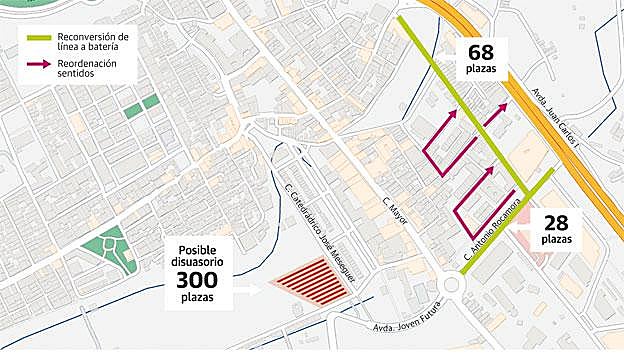 La Concejalía ha previsto construir un disuasorio de 300 plazas y recuperar casi 100 al pasar de línea a batería el aparcamiento en dos calles.