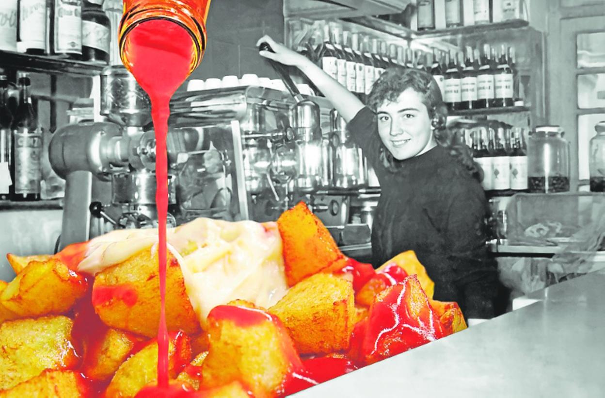 Montaje de una ración de patatas bravas y una tabernera de un bar de Madrid. 