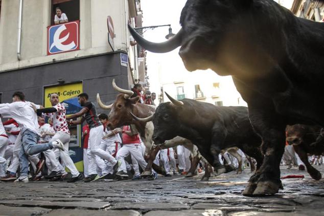 Las reses encaran una de las curvas de el recorrido. 