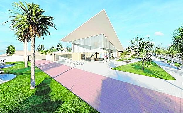 Detalle del techo de la cafetería sobre muros de vidrio. 