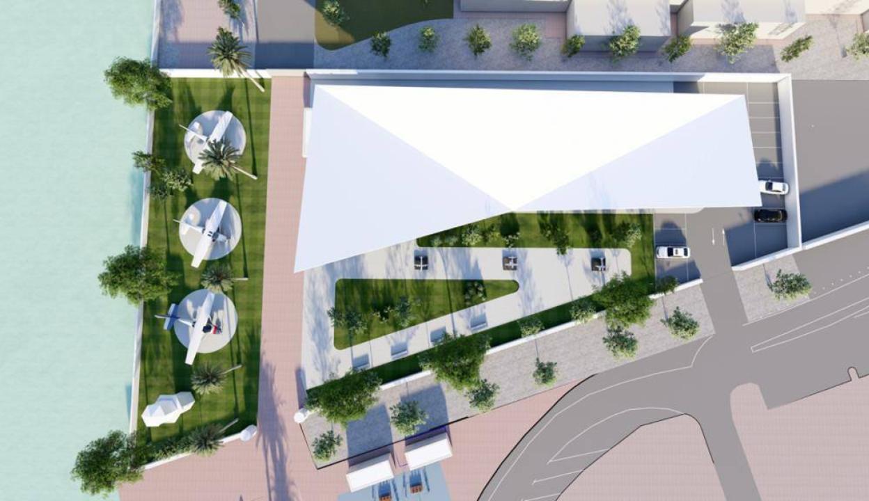 Recreación digital con una vista aérea del proyecto, con los aviones expuestos a orillas del Mar Menor. 