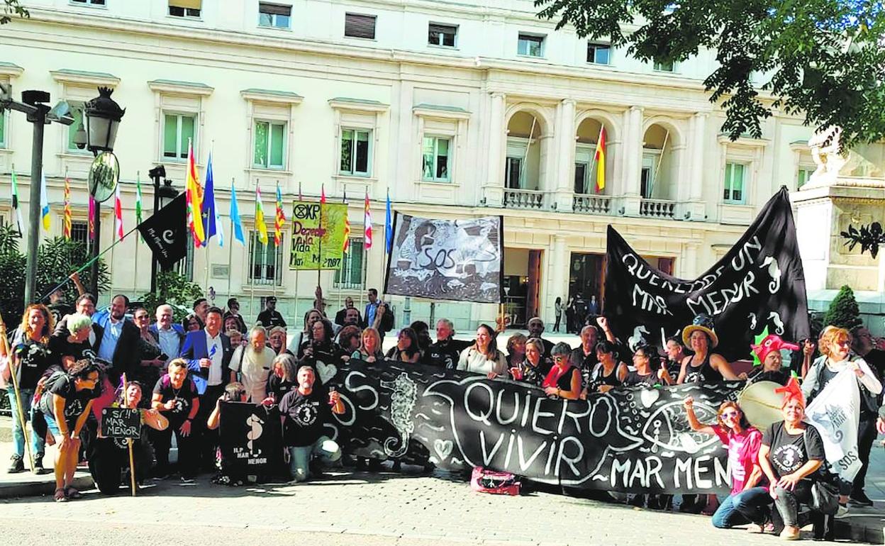 Promotores y simpatizantes de la Iniciativa Legislativa Popular del Mar Menor celebran su aprobación en el exterior del Senado. 