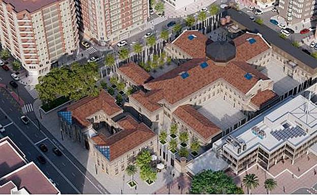 Recreación a vista de pájaro de cómo quedará el conjunto, con la planta en cruz de la zona carcelaria. 