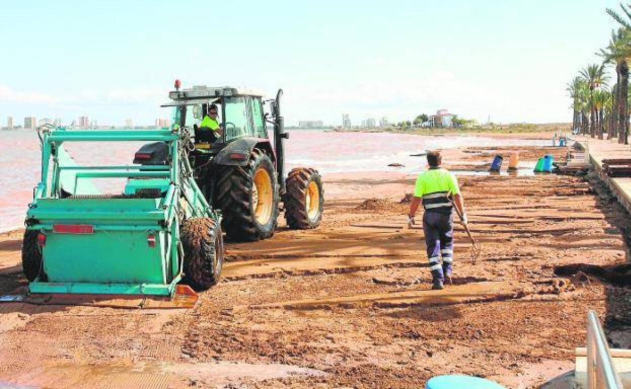 Labores de limpieza y reparación en la playa de Mar de Cristal tras las fuertes lluvias caídas en octubre de 2013. 