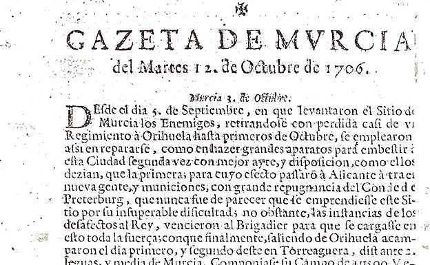 Ejemplar de 'La Gazeta de Murcia' del martes 12 de octubre de 1706. 