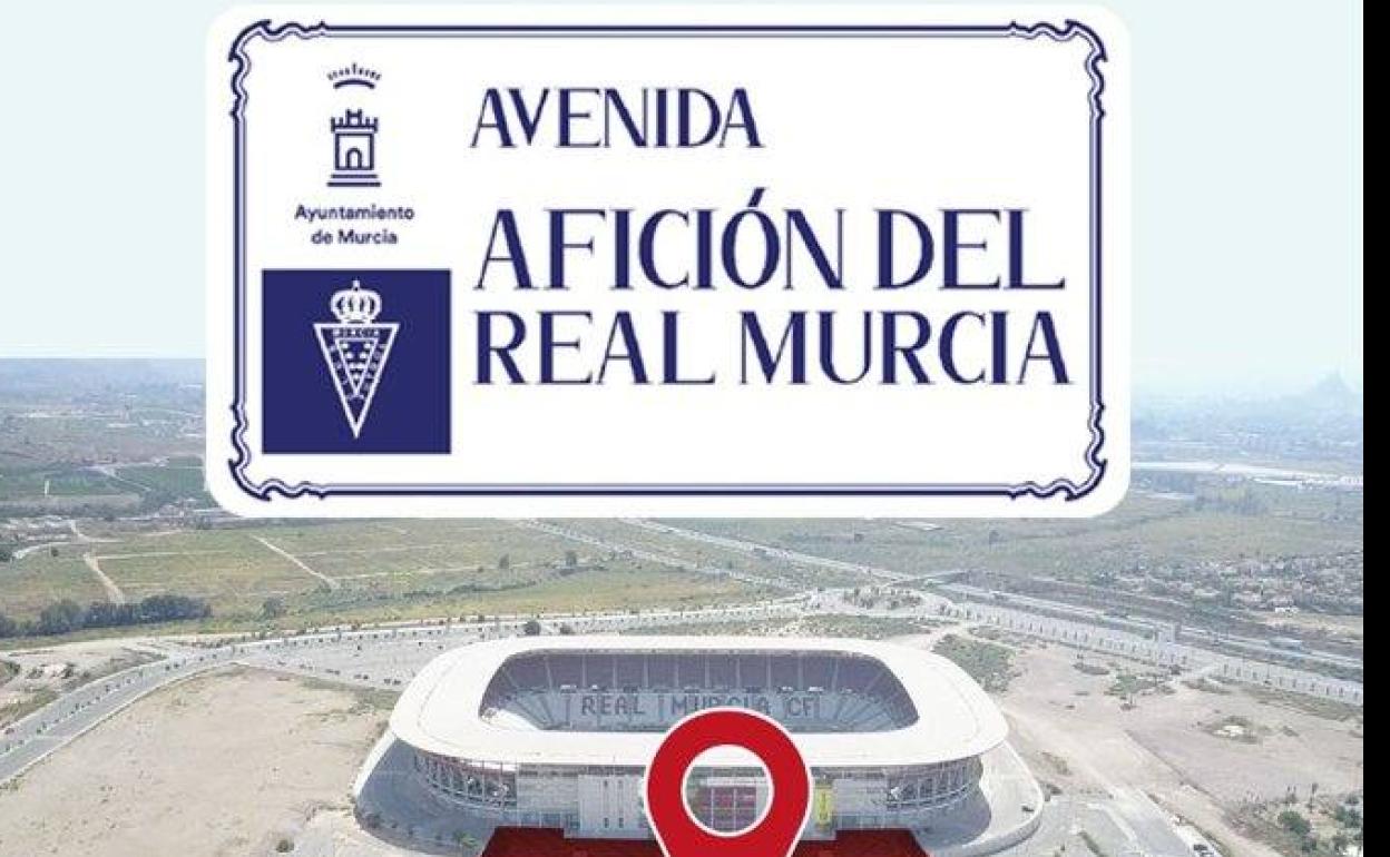 Recreación digital de la placa de la Avenida Afición del Real Murcia que se inaugura este domingo. 