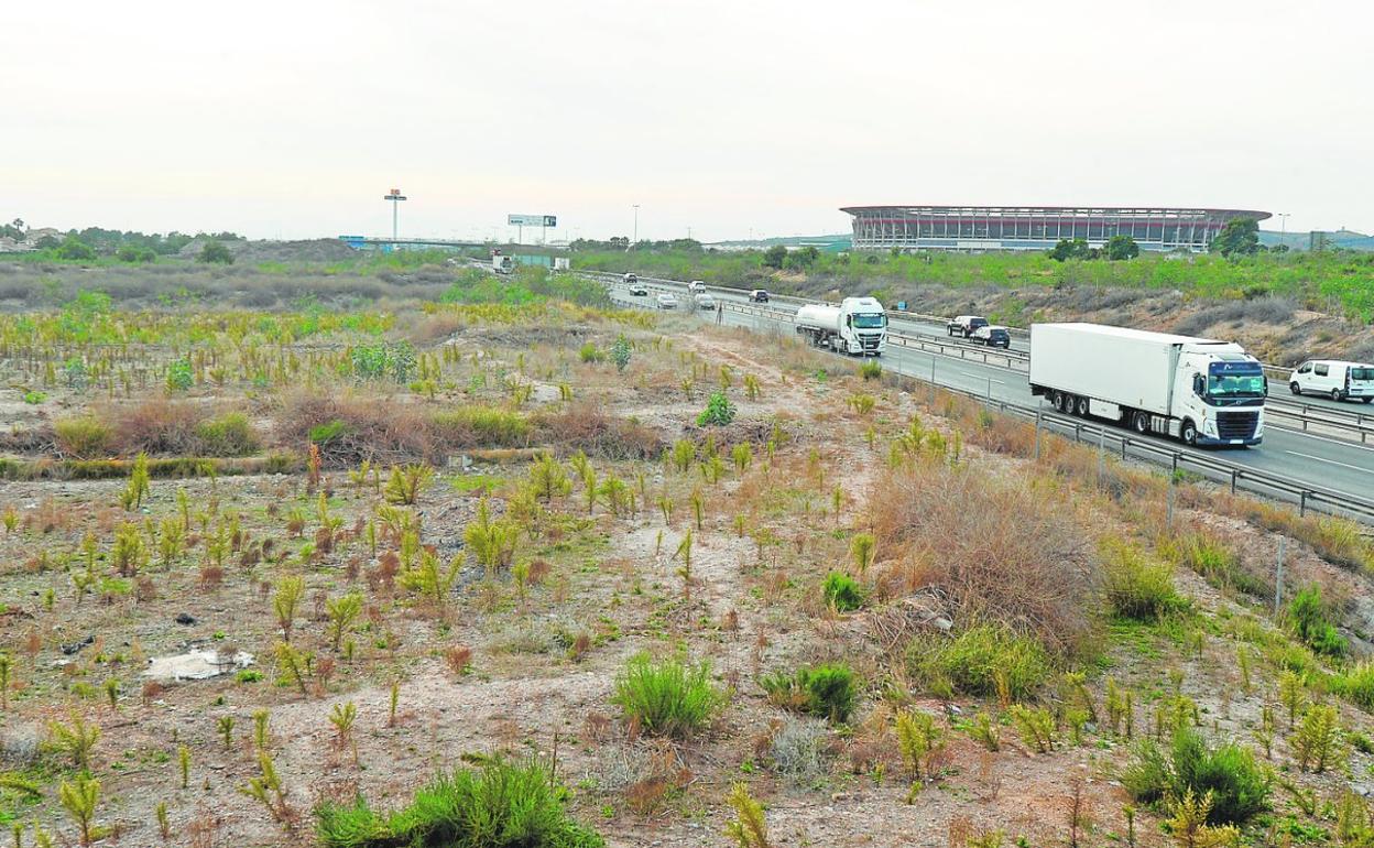 Terrenos afectados por los convenios de la zona norte, cruzados por la autovía A7; al fondo, la Nueva Condomina. 