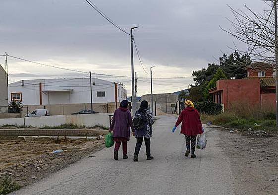Tres moradoras de la citada nave, ubicada al fondo, vuelven a casa.