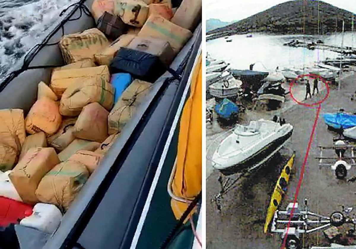 Detalles de los fardos de hachís localizados en una narcolancha y una de las imágenes de grabación de dos de los sospechosos que incluye el atestado policial.