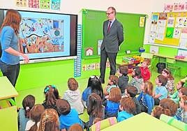 El consejero Víctor Marín, en un aula del colegio Nuestra Señora de Belén, de Murcia, con los niños observando la pantalla digital interactiva instalada en el centro.