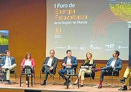 El presidente de Anpier, Miguel Ángel Martínez-Aroca; el director de Desarrollo de Negocio de X-Elio en España, José Enrique Pardo; la responsable de Desarrollo de Negocio de Enel Green Power España, Noelia Rojo; el director de desarrollo de Negocio de TotalEnergies Renewable Iberia, Álvaro Ramos; el CEO de Soltec, Raúl Morales; la directora del área de Industria de la Delegación del Gobierno, María Zapata; el director de Desarrollo de StatKraft, Luis Miguel Álvarez, y el periodista de LA VERDAD, Miguel Ángel Ruiz.