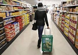 Una clienta con un carro de la compra en Mercadona.