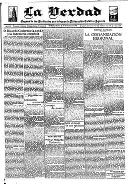 Imagen - Obituario de Ricardo Codorníu y Stárico en portada de LA VERDAD el 27 de noviembre de 1923, firmado por el ingeniero Ricardo Martínez de Campos.