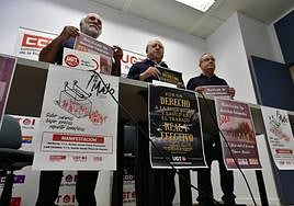 Los representantes de los sindicatos UGT, CC OO y USO, este jueves.