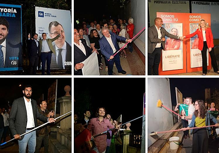 Las imágenes de la pegada de carteles de los partidos de la Región de Murcia.