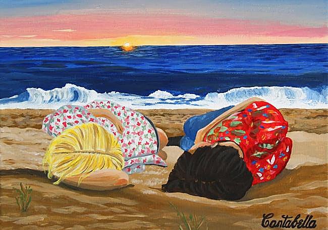 Dos jóvenes acostados en la arena hablando de sus cosas, pensando, mientras el sol se mete y se entregan a la noche. Obra de Carmen Cantabella que ilustra las escenas de 'Madrigales de la tarde' de Raimundo de los Reyes.