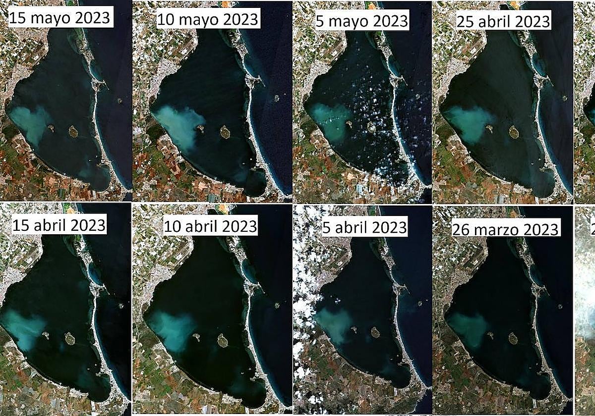 Imagen de la evolución de la mancha blanca aparecida en el Mar Menor.