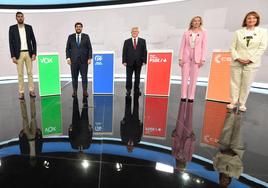 José Ángel Antelo, Fernando López Miras, José Vélez, María José Ros y María Marín, al inicio del debate electoral.