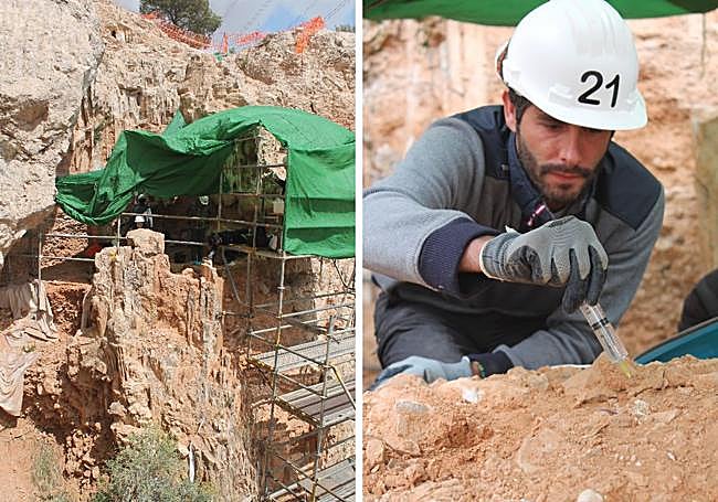 Columna de sedimentos sobre la que excavan. Pedro Piñero consolida la mandíbula de tejón sobre el terreno.