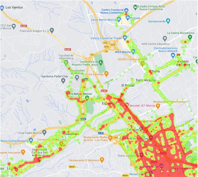 Zona Centro-Norte. El mapa de 'calor' muestra un uso intensivo en el tramo que une la ciudad con Espinardo, llegando hasta el campus, donde se registran desplazamientos internos, como en la UCAM.