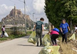 Uno de los grupos de vecinos en plena faena, con el castillo de Monteagudo al fondo.