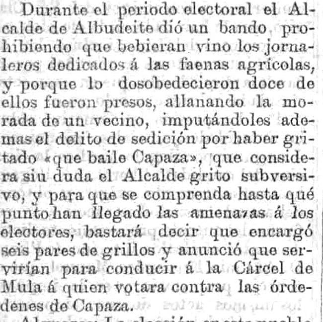 'La Paz de Murcia' contaba así el pucherazo del alcalde de Albudeite en 1898.