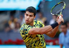 Alcaraz en el partido contra Dimitrov del pasado Mutua Madrid Open.