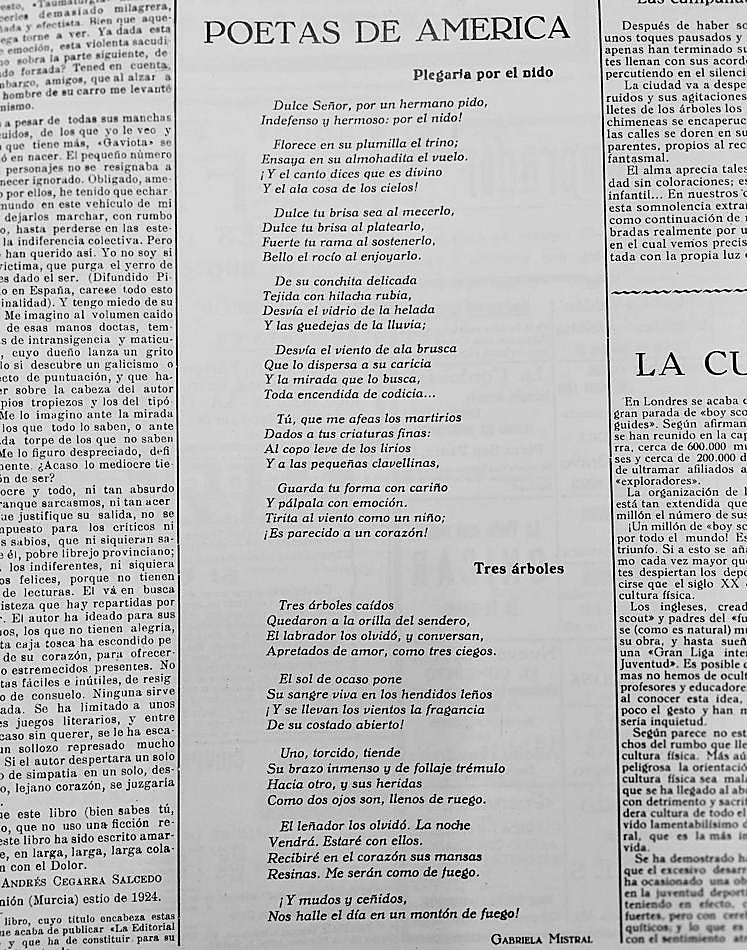 Gabriela Mistral. Publicado en el Suplemento Literario de LA VERDAD. Murcia, 24 de agosto de 1924. Número 31.