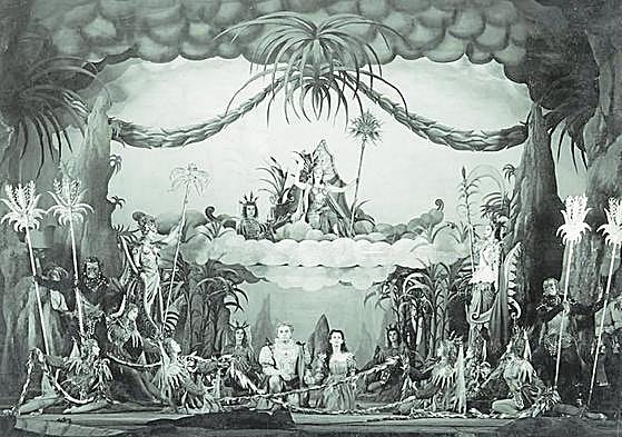 Ferdinand y Miranda en la escena de los espíritus y la máscara en un montaje de la Royal Shakespeare Company de 1951.