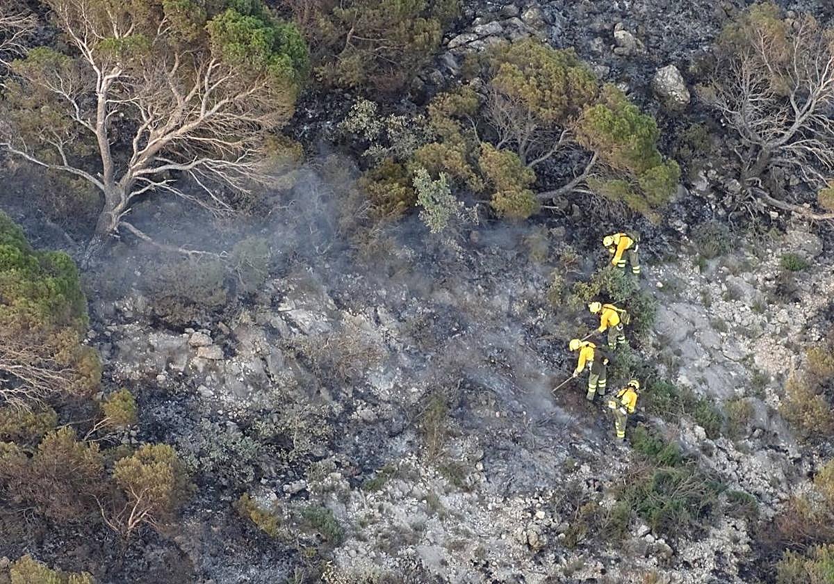 Efectivos trabajan en la extinción del incendio declarado en la Sierra de la Pila.