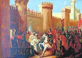 Federico Mauricio Ramos reflejó en 1876 en este lienzo la entrada a Murcia de Jaime I en febrero de 1266 por la puerta de la ciudad que ahora se busca. Se conserva en el Museo de la Ciudad.