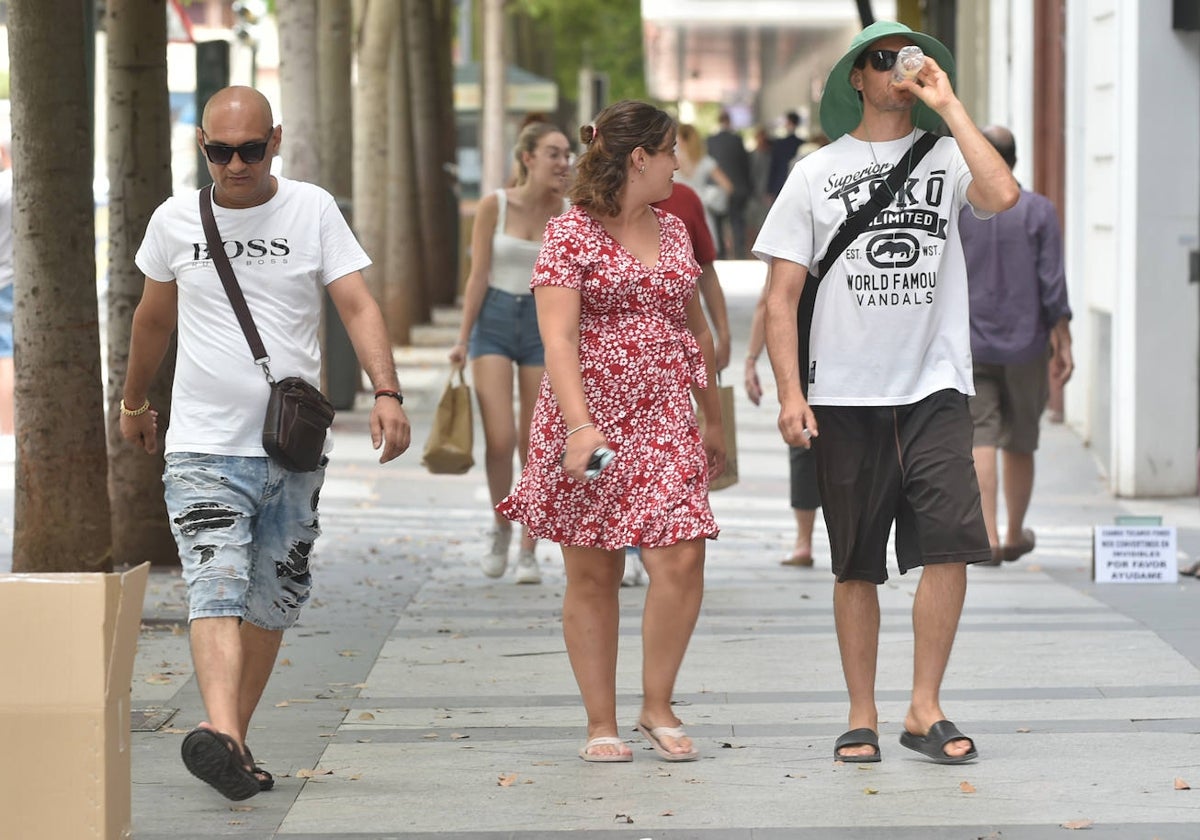 Unos viandantes en el centro de Murcia, este lunes