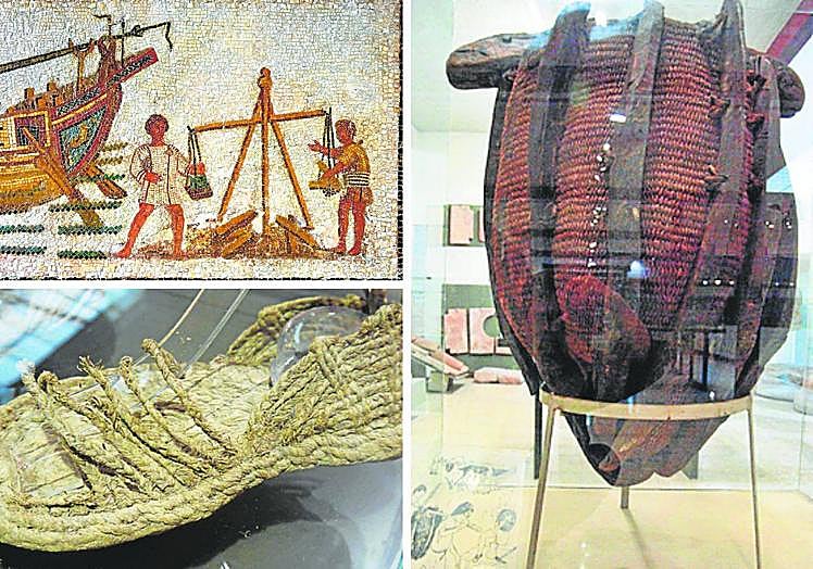 Alpargata de un minero romano, un mosaico romano y esparto romano, utensilio empleado en las minas.