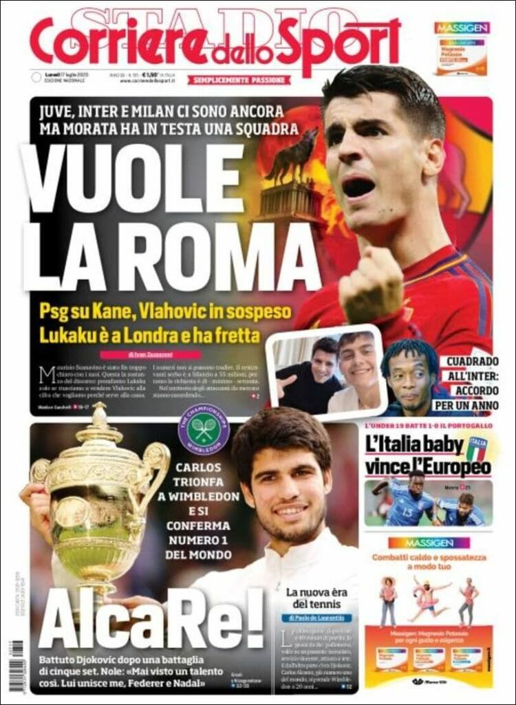 Mismo juego de palabras utiliza el Corriere dello Sport, periódico italiano. «AlcaRe! (Alca-Rey). Carlos triunfa en Wimbledon y se confirma como número 1 del mundo»