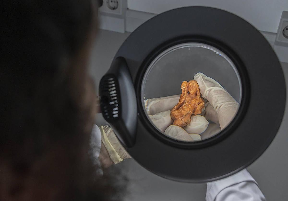 Una investigadora revisa con una lupa la figura de sirena, realizada en coral, hallada en los fondos del Arqua.