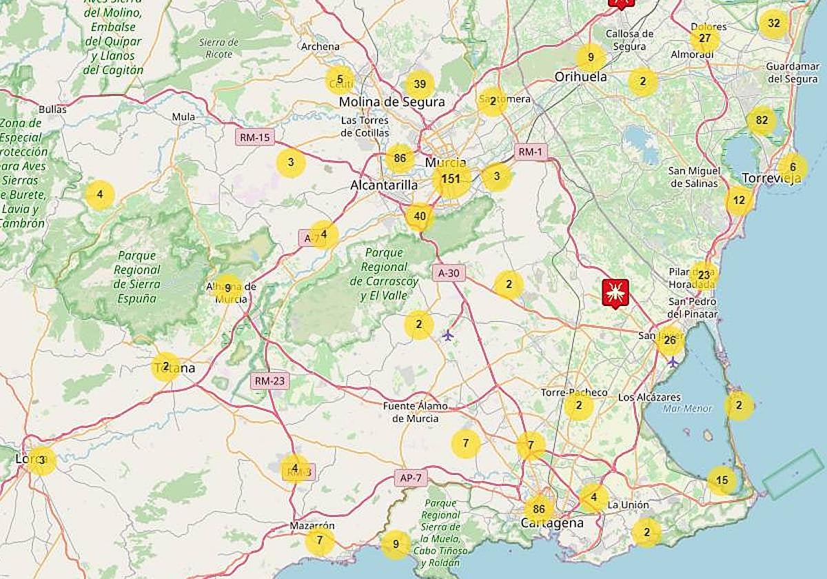 Captura del mapa interactivo que informa de los mosquitos que hay en tu zona.